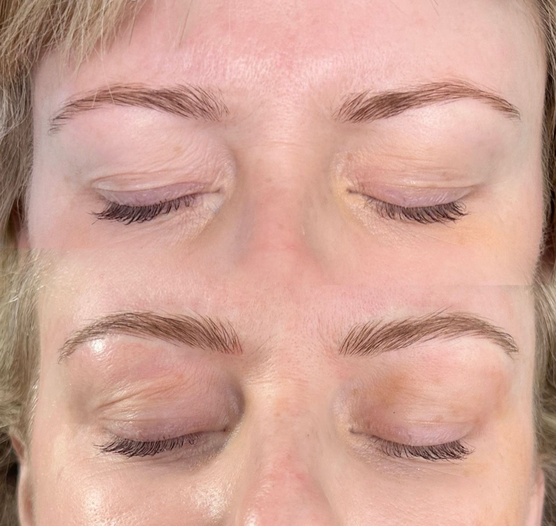 Microblading realism — before and after of natural, hair-by-hair brows.