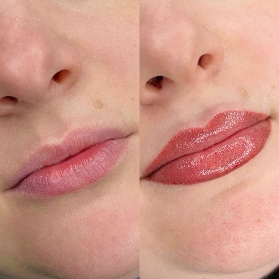 Before and after of lip blush showing soft, natural colour and definition.